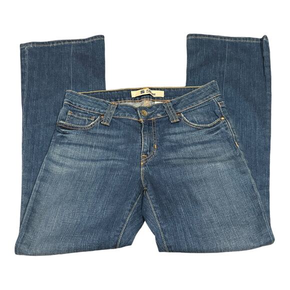 GAP Curvy Low Rise blue wide leg jeans yellow & orange stitching size 30" Waist - Picture 14 of 14